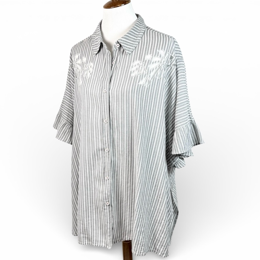 Anthropologie Gray Striped Floral Short Sleeve Oversized Buttondown Shirt L - Picture 4 of 13
